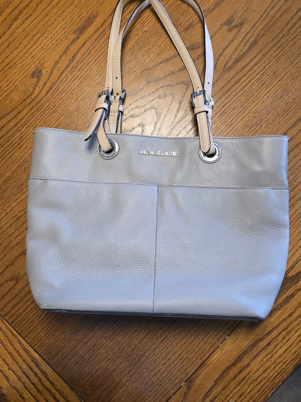 Michael Kors Pebbled Leather Tote in Light Gray with Beige Straps